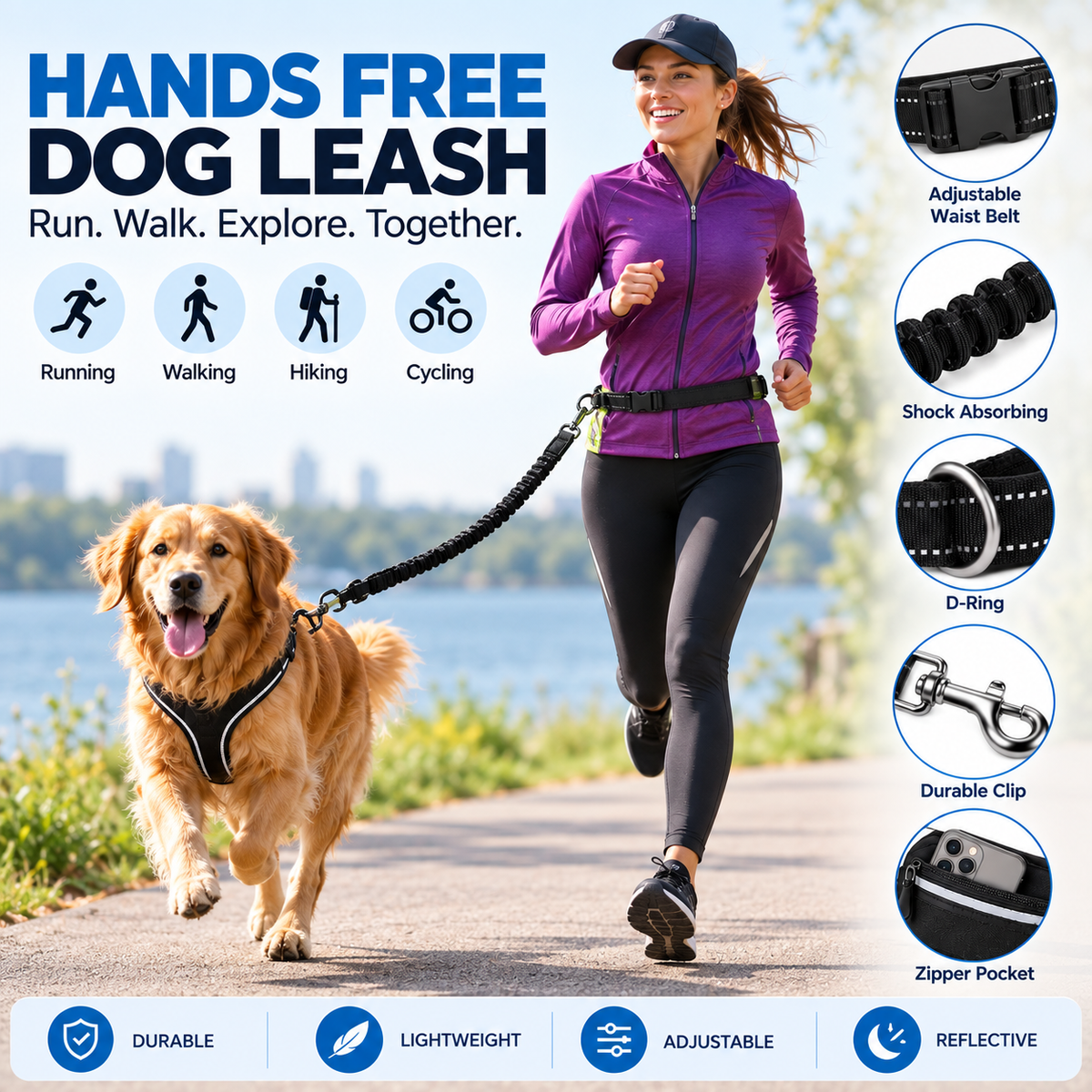 hands-free dog leash waist belt for running with adjustable waist belt in green – Pulse & Pawz