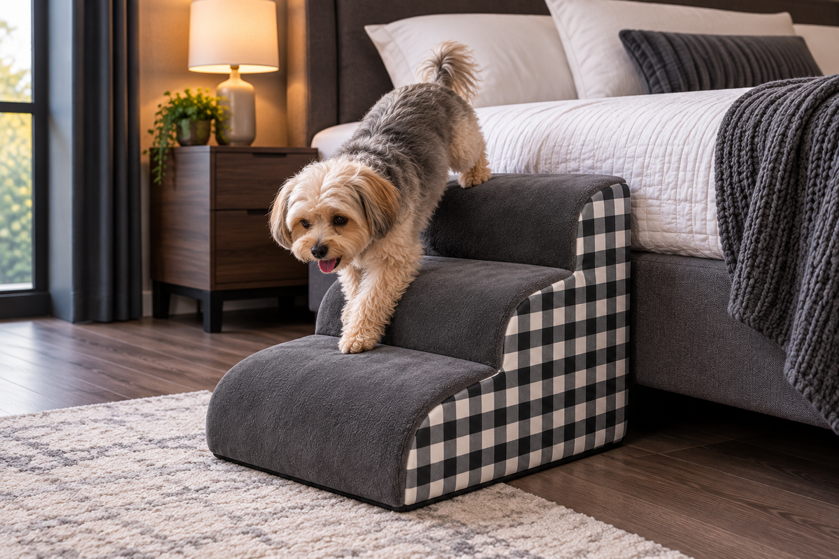 pet stair steps high-density foam for bed and sofa in use climbing to the sofa – Pulse & Pawz