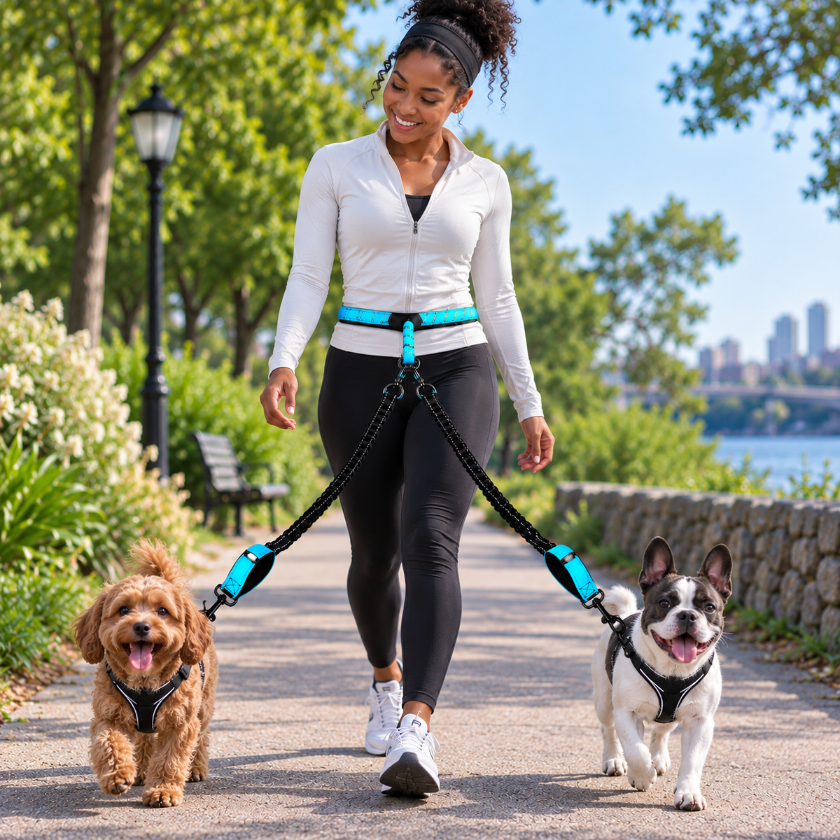 reflective double dog leash 360 swivel no-tangle lead with dual clip splitter in sky blue – Pulse & Pawz