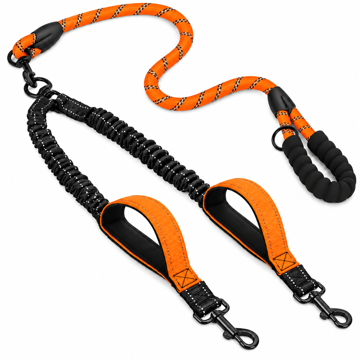 reflective double dog leash 360 swivel no-tangle lead with dual clip splitter in black – Pulse & Pawz