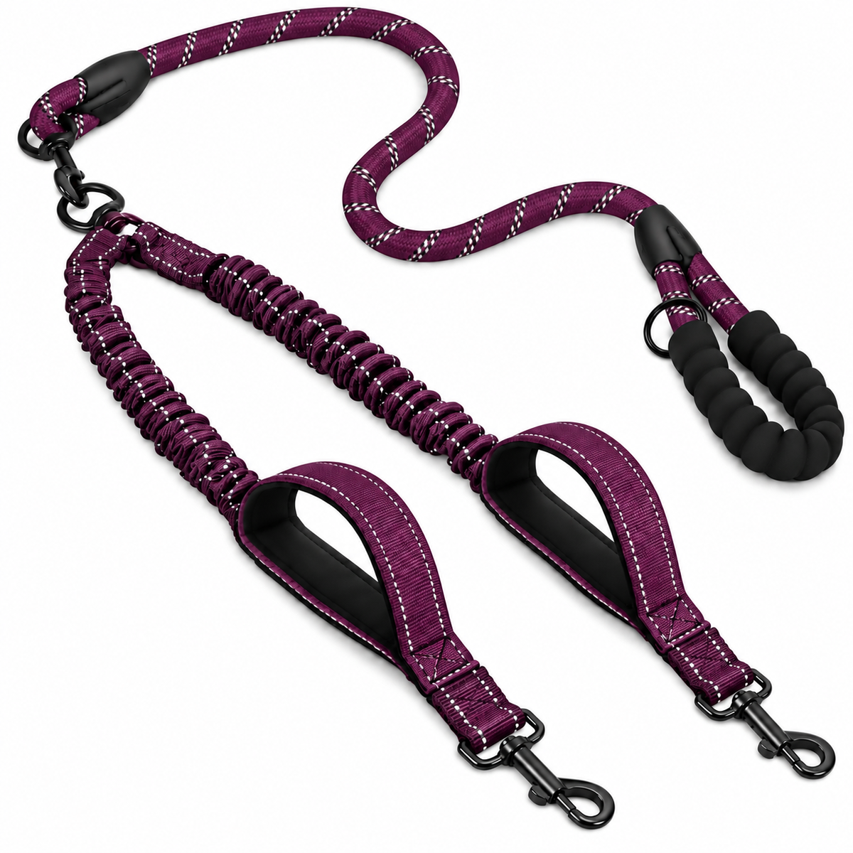 reflective double dog leash 360 swivel no-tangle lead in plum – Pulse & Pawz