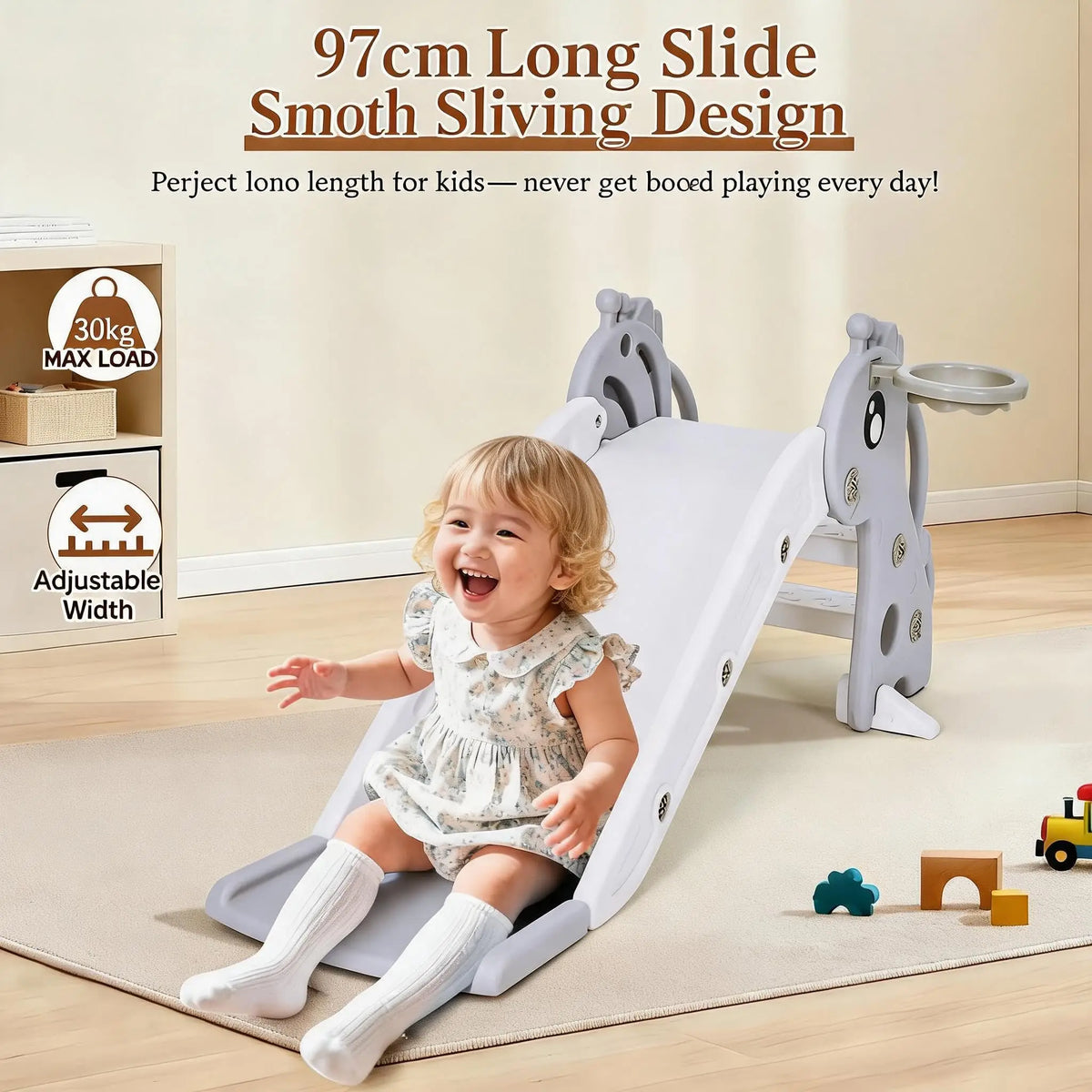 Kids Indoor/Outdoor Slide with Basketball Hoop, Collapsible Compact Toddler Slide