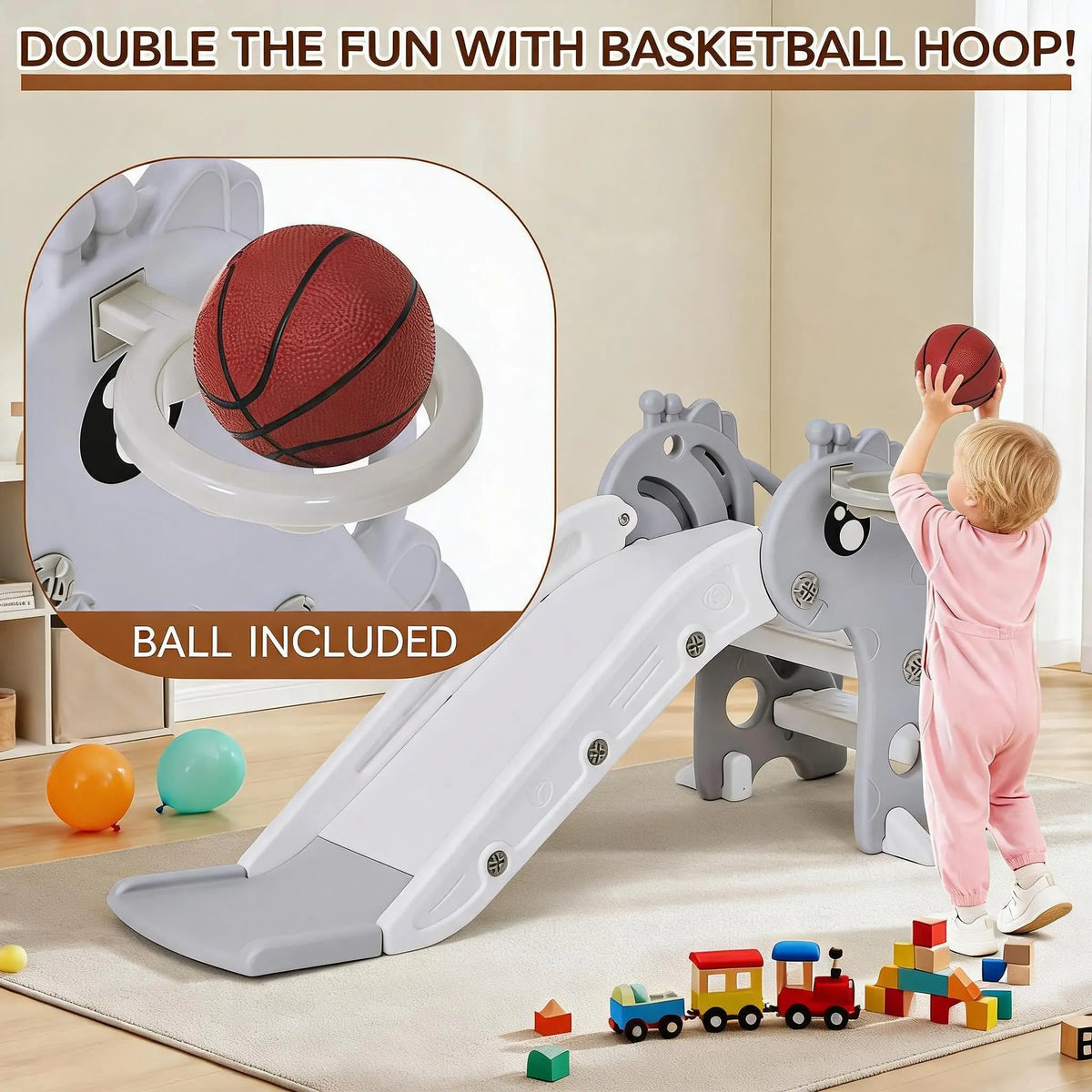 Kids Indoor/Outdoor Slide with Basketball Hoop, Collapsible Compact Toddler Slide