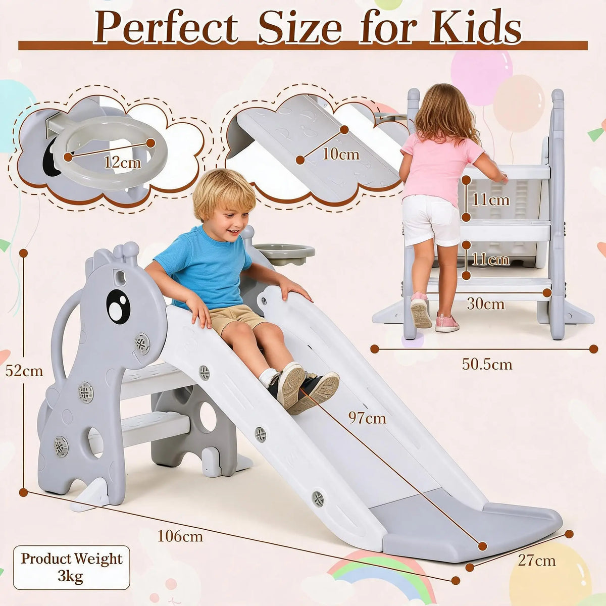 Kids Indoor/Outdoor Slide with Basketball Hoop, Collapsible Compact Toddler Slide