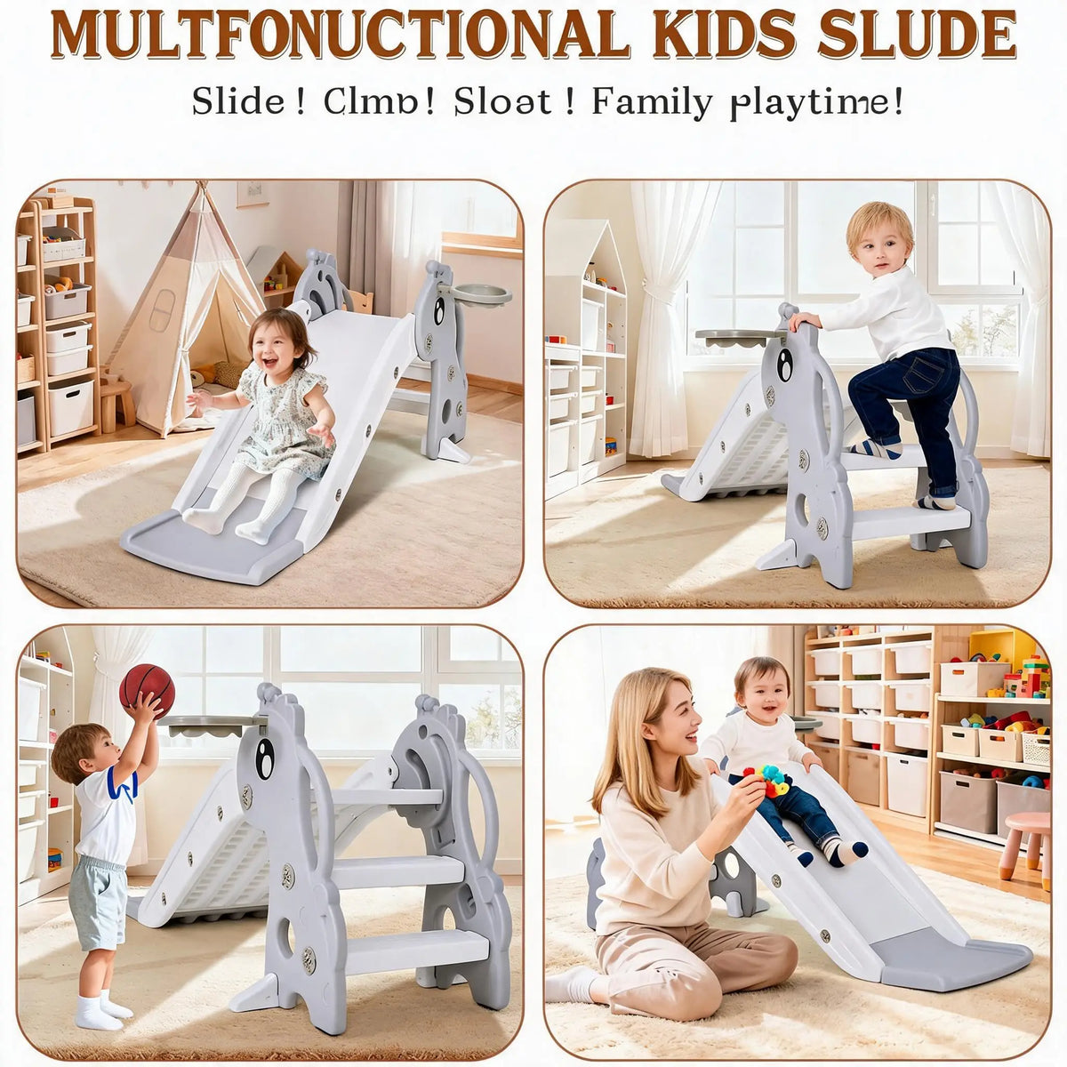 Kids Indoor/Outdoor Slide with Basketball Hoop, Collapsible Compact Toddler Slide