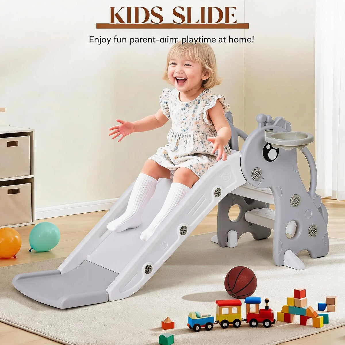 Kids Indoor/Outdoor Slide with Basketball Hoop, Collapsible Compact Toddler Slide