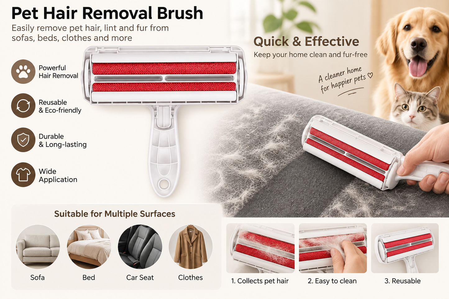 Pet Hair Remover Roller – Reusable Dog & Cat Fur Lint Roller with Self-Cleaning Base