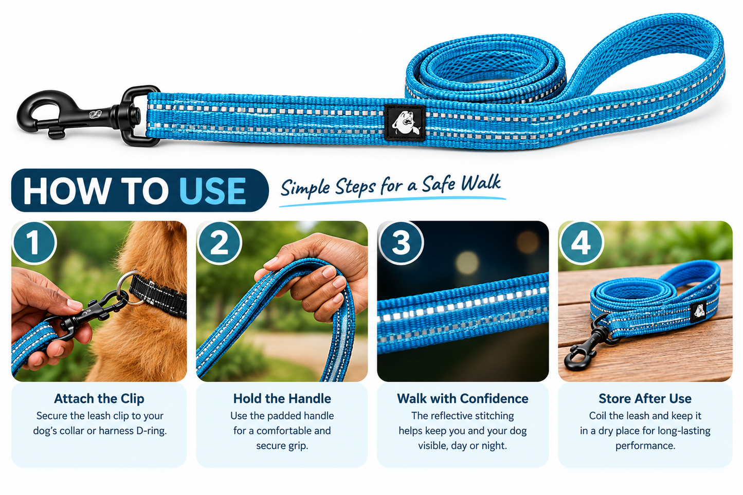 Reflective Padded Dog Leash – Soft Mesh Nylon Walking Leash, 200cm