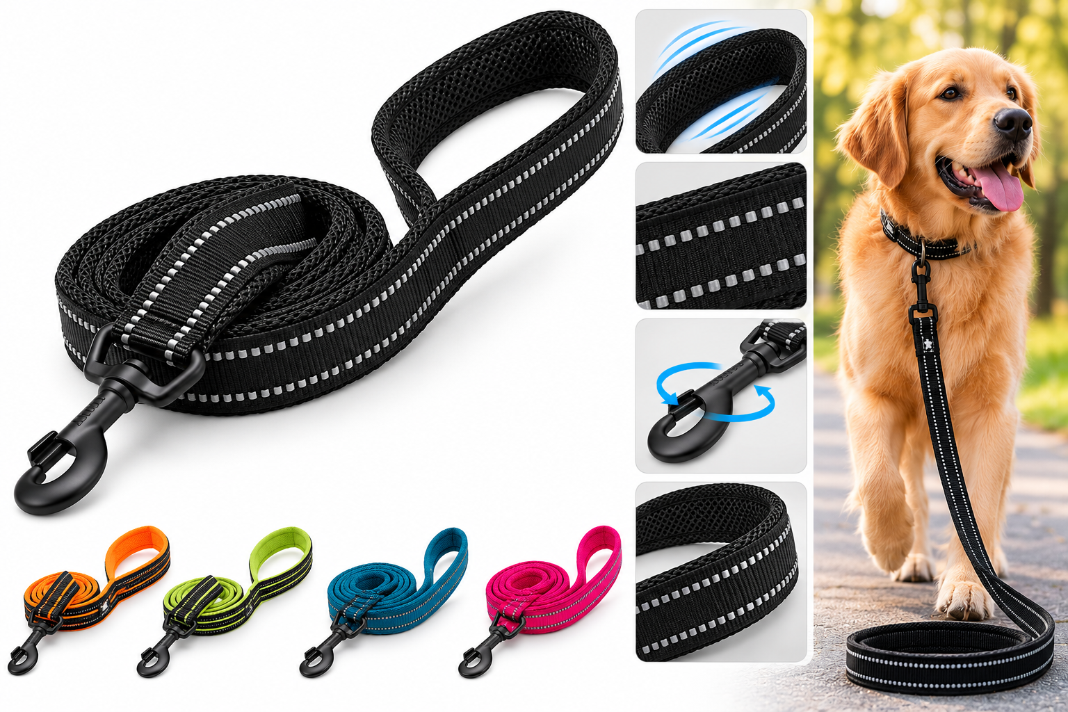 Reflective Padded Dog Leash – Soft Mesh Nylon Walking Leash, 200cm