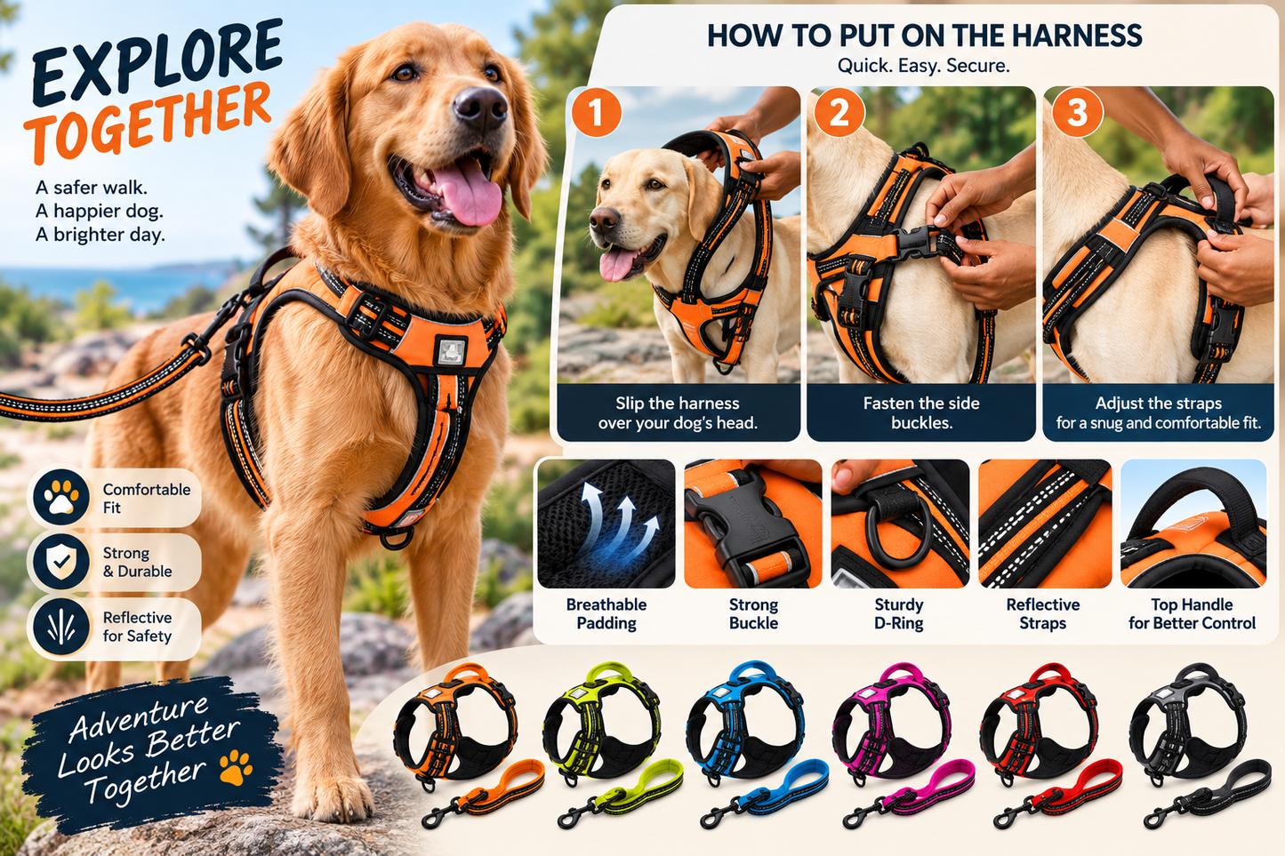 Reflective Padded Dog Leash – Soft Mesh Nylon Walking Leash, 200cm