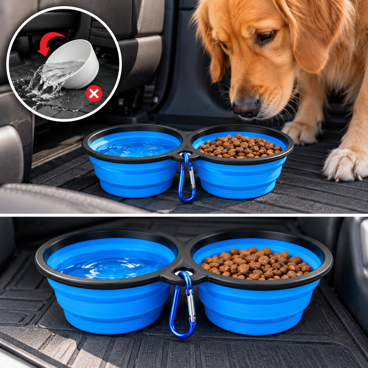 Collapsible Dog Bowl Set (2pcs) – Silicone Travel Bowls with Carabiner