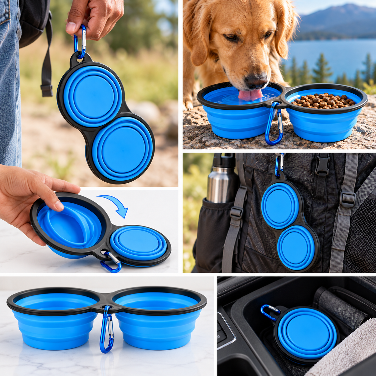 Collapsible Dog Bowl Set (2pcs) – Silicone Travel Bowls with Carabiner